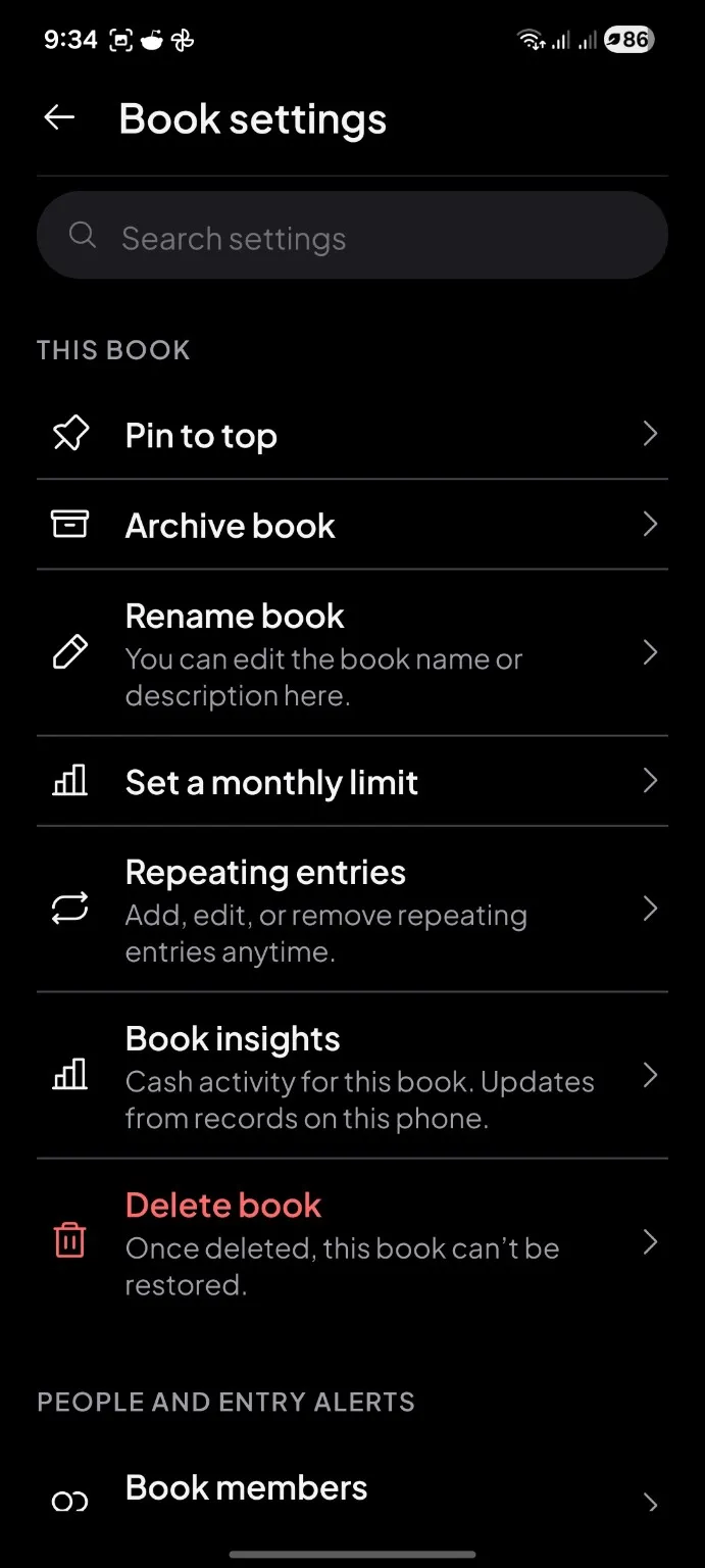 Actual Book settings screen with pin, archive, rename, monthly limit, repeating entries, insights and members.